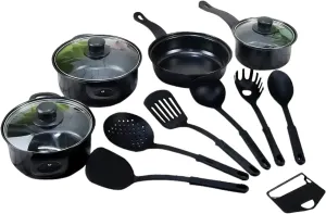 Non-Stick Cookware Set, Portable Lightweight Cast Iron Pots And Pans with Glass Lids and Nylon Utensils - 13 Piece Set, Black for Outdoor Camping Picnic Travel