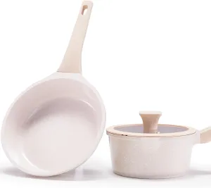 Non Stick Pots and Pans Set, Healthy Ceramic Cookware Set, 3pcs Kitchen Cooking Pots and Frying Pan Saucepans Set, PFAS-Free, Taupe