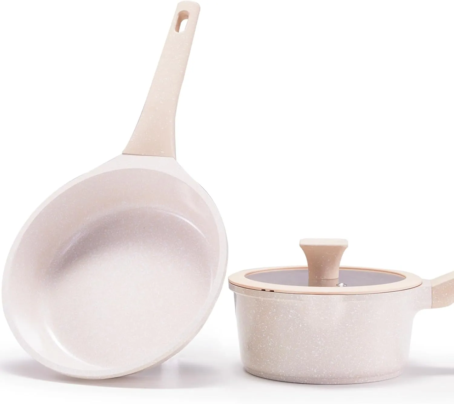 Non Stick Pots and Pans Set, Healthy Ceramic Cookware Set, 3pcs Kitchen Cooking Pots and Frying Pan Saucepans Set, PFAS-Free, Taupe