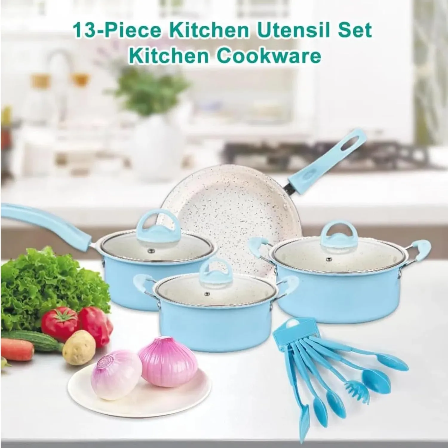 Nonstick Cookware Set, 12pcs Pots and Pans Set Non-stick, Camping Cookware Kits, Pot and Pan Set for Camping,Picnic, Kitchen Utensils Set with Fry Pans, Saucepans, Saute Pan,Saucepans (Blue)