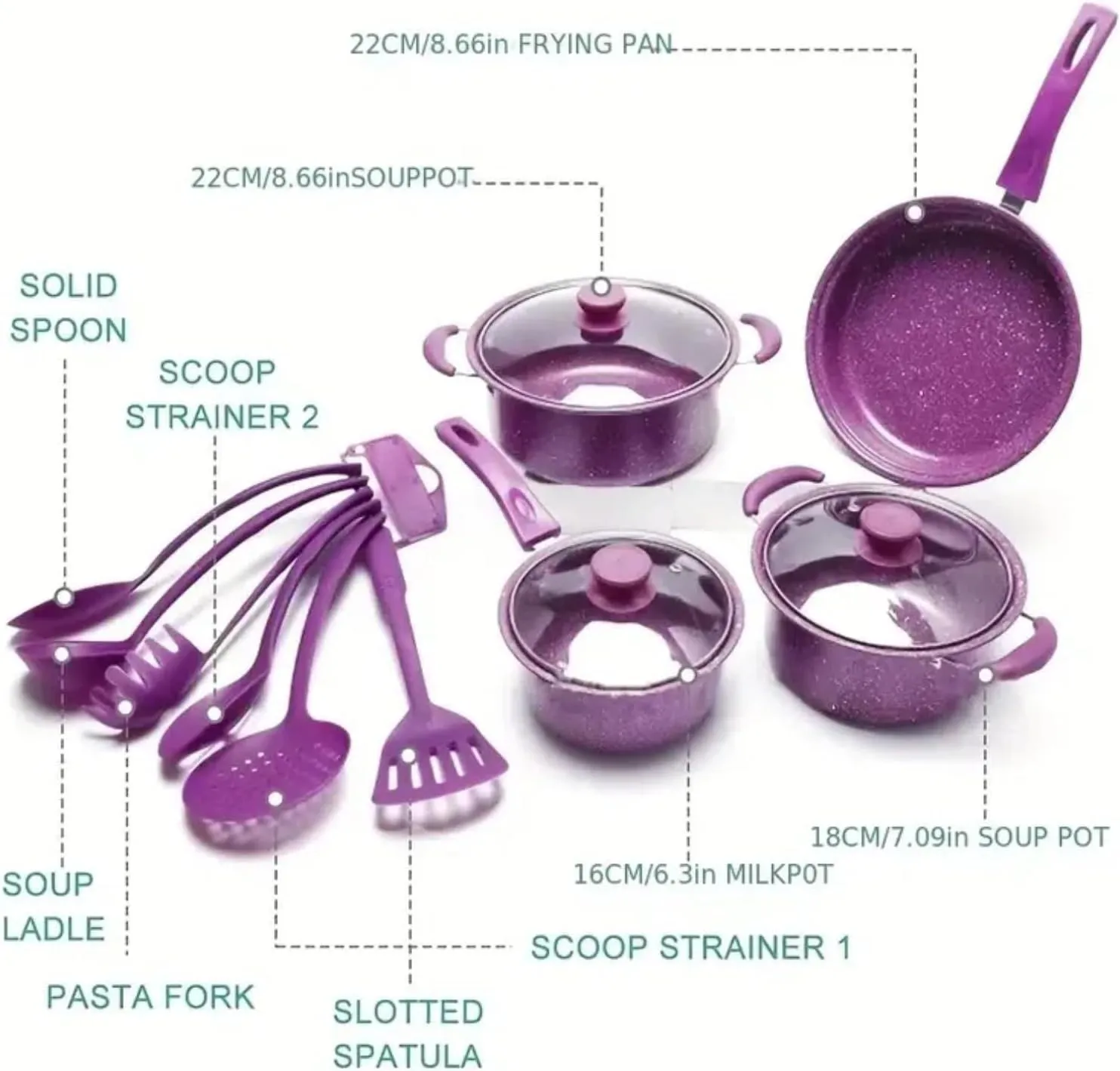 Nonstick Cookware Set, 12pcs Pots and Pans Set Non-stick, Camping Cookware Kits, Pot and Pan Set for Camping,Picnic, Kitchen Utensils Set with Fry Pans, Saucepans, Saute Pan,Saucepans (Purple)