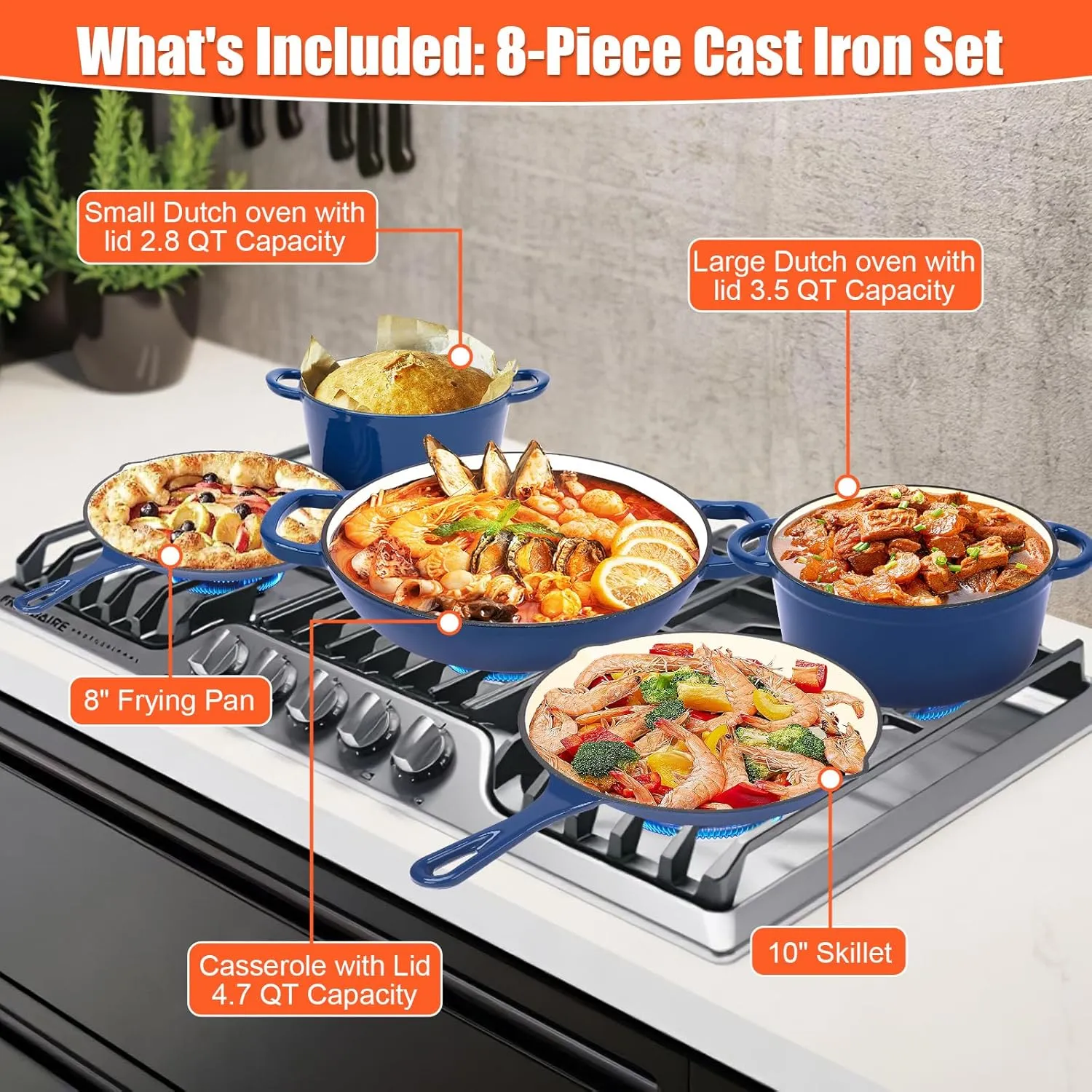 Nonstick Enameled Cast Iron Cookware Set, 8-Pcs Pots and Pans with Lid, Frying Pan Skillet, Sauce Pan, Healthy Round Dutch Oven Pot for Sourdough Bread Baking on All Stovetop, Come with Organizer,Navy