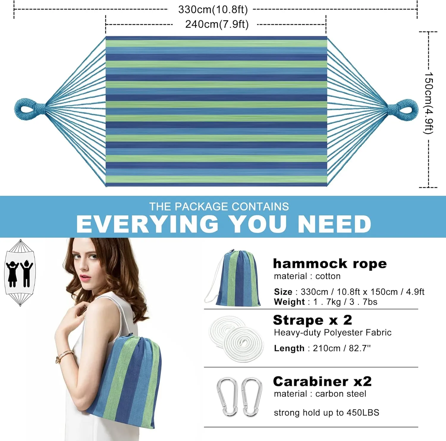 NORIDA Indoor Hammock Garden Cotton Hammocks with Tree Straps for Hanging Durable Up to 450lbs,Portable with Travel Bag, Comfortable Fabric Perfect for Outdoor Porch Patio Backyard(Aqua Green)