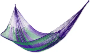 NOVICA Green and Purple Striped Hand Woven Nylon Mayan 2 Person XL Rope Hammock, Green Vineyard' (Double)