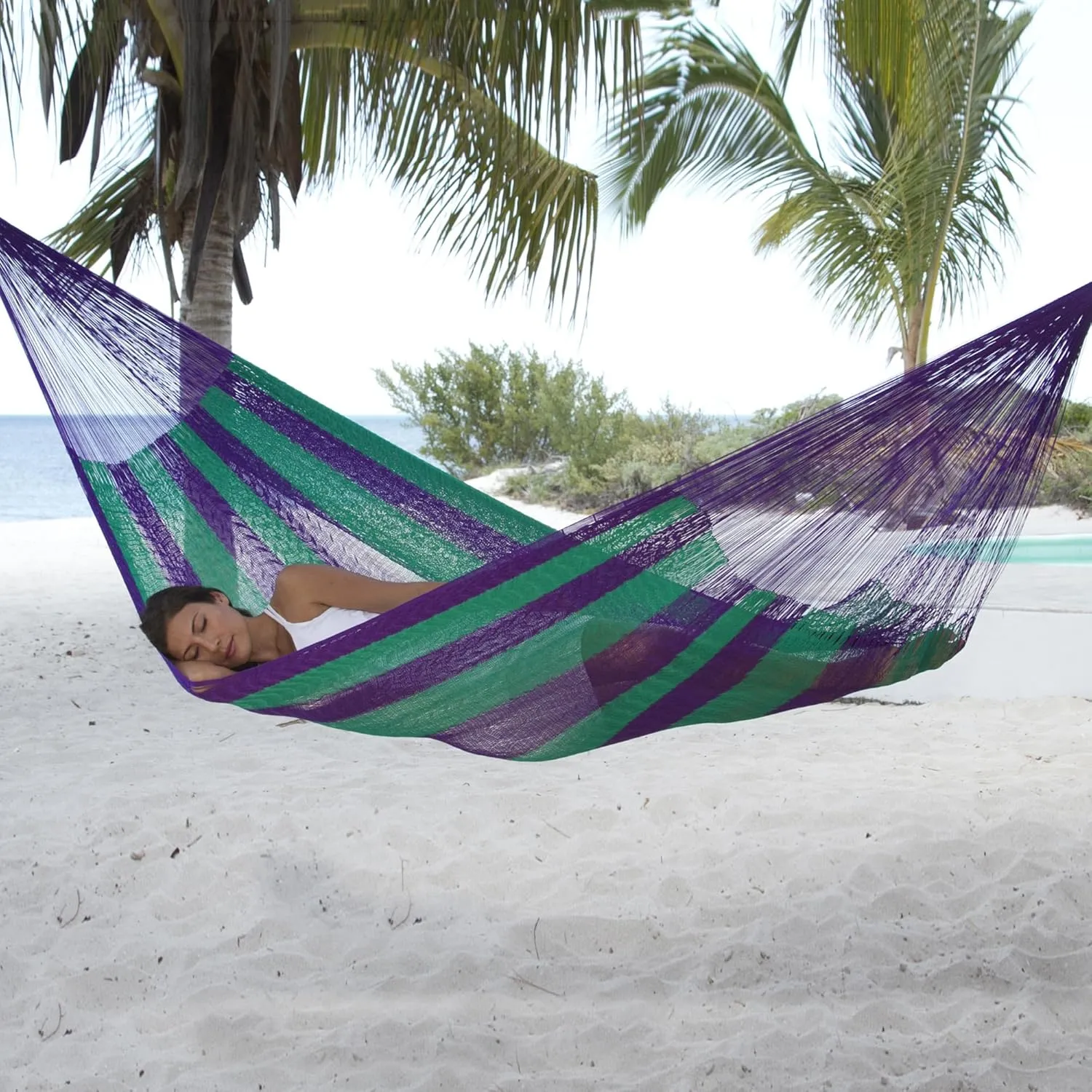 NOVICA Green and Purple Striped Hand Woven Nylon Mayan 2 Person XL Rope Hammock, Green Vineyard' (Double)
