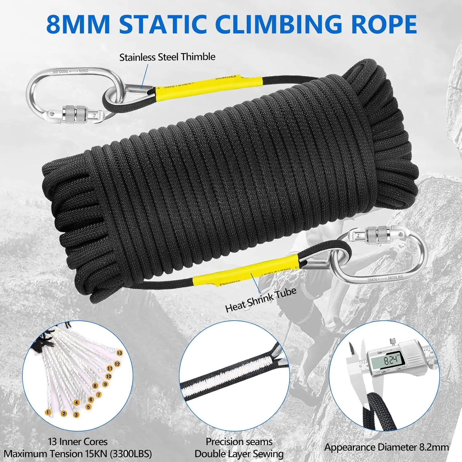 NTR Orange/Black/Blue/Green Climbing Rope 10M(32ft) 20M(64ft) 30M(96ft) 50M(160ft), 8MM Static Rock Climbing Rope with 2 Steel Hooks, Rappelling Rope for Outdoor, Hiking Safety Escape Rope