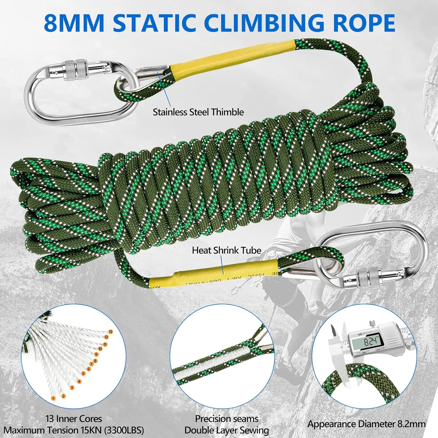 NTR Orange/Black/Blue/Green Climbing Rope 10M(32ft) 20M(64ft) 30M(96ft) 50M(160ft), 8MM Static Rock Climbing Rope with 2 Steel Hooks, Rappelling Rope for Outdoor, Hiking Safety Escape Rope