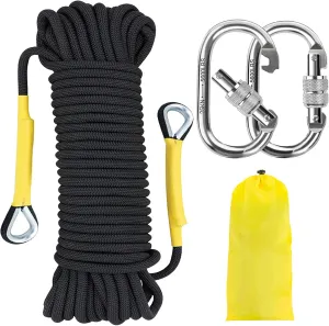 NTR Orange/Black/Blue/Green Climbing Rope 10M(32ft) 20M(64ft) 30M(96ft) 50M(160ft), 8MM Static Rock Climbing Rope with 2 Steel Hooks, Rappelling Rope for Outdoor, Hiking Safety Escape Rope