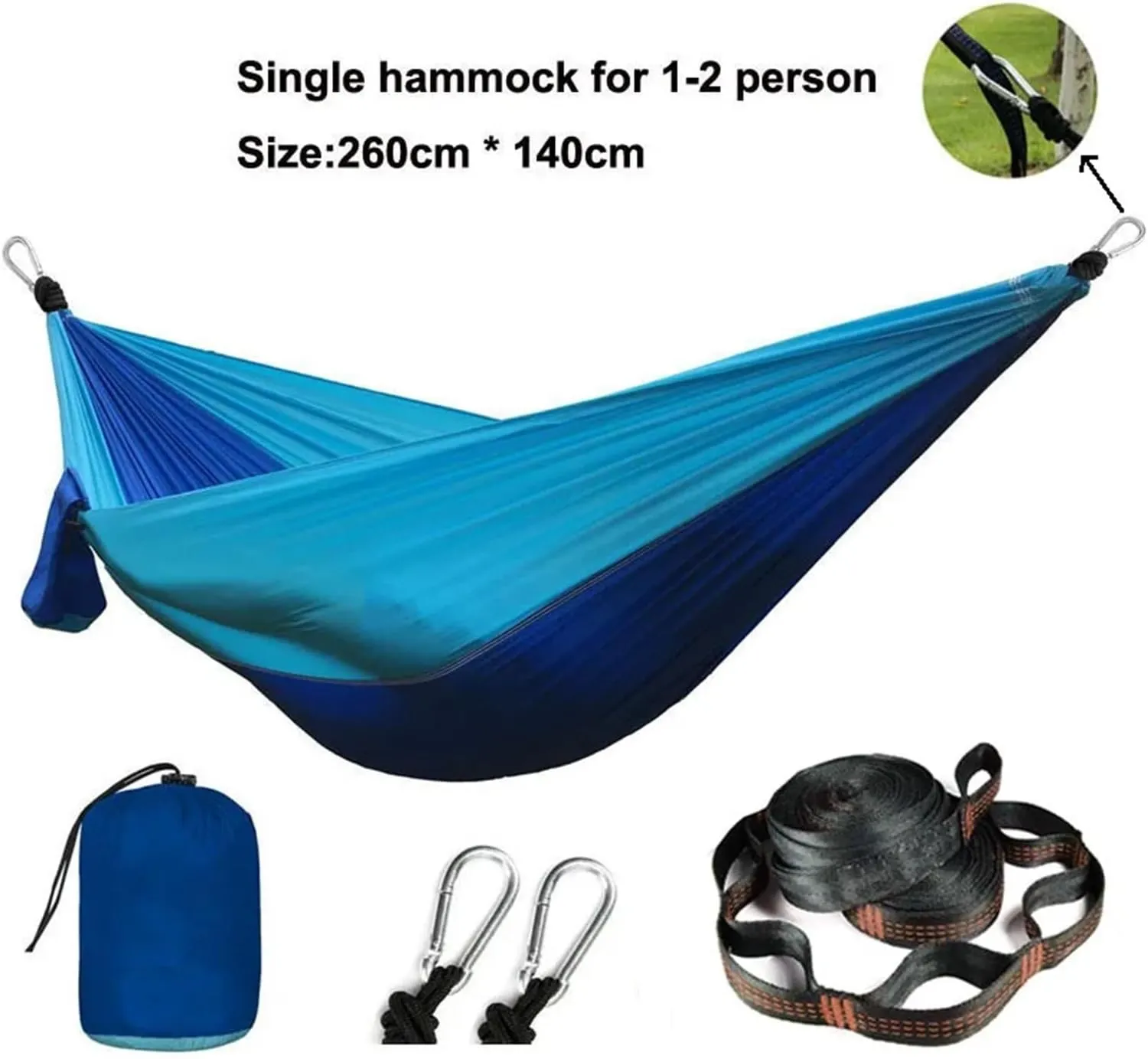 Nylon Parachute Hammock Net Solid Color Parachute Hammock with Hammock Straps and Black Carabiner Camping Survival Travel Double Person Outdoor Furniture Terrace Hammock(Model 2)