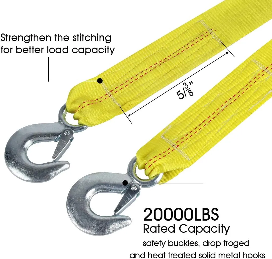 Nylon Tow Strap with Hooks 2”x20’ Car Vehicle Heavy Duty Recovery Rope 20,000 lbs Capacity Tow Rope for Car Truck Jeep ATV SUV