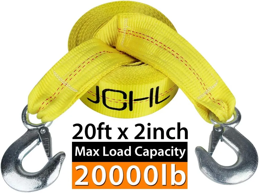 Nylon Tow Strap with Hooks 2”x20’ Car Vehicle Heavy Duty Recovery Rope 20,000 lbs Capacity Tow Rope for Car Truck Jeep ATV SUV