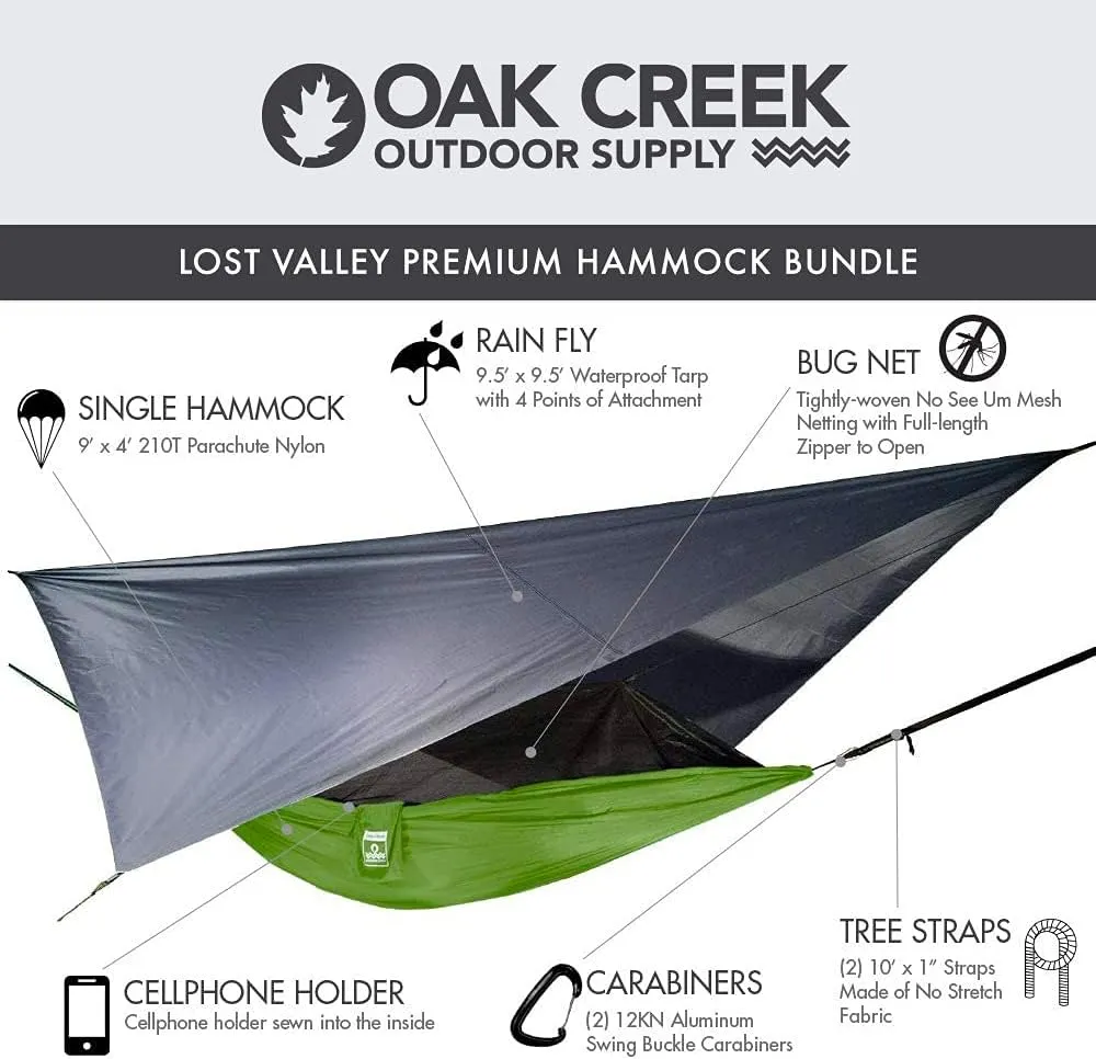 Oak Creek Camping Hammock and Accessories. Complete Package with Mosquito Bug Net, Rain Fly, Tree Straps. Great for Hiking, Backpacking, and Travel. Weighs Only 4 Pounds.
