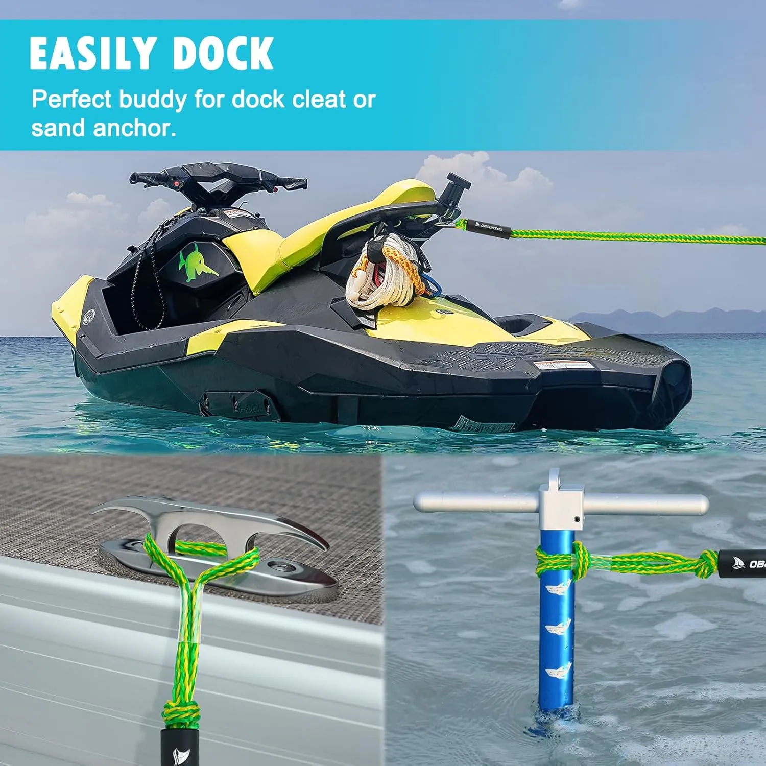 Obcursco 3FT Bungee Dock Lines,Boat Dock Rope,Jet Ski Accessories with 316 Stainless Steel Clip for Kayak,Seadoo,Pontoon,Yamaha WaveRunner,Canoe (2 Pack, Yellow/Green)