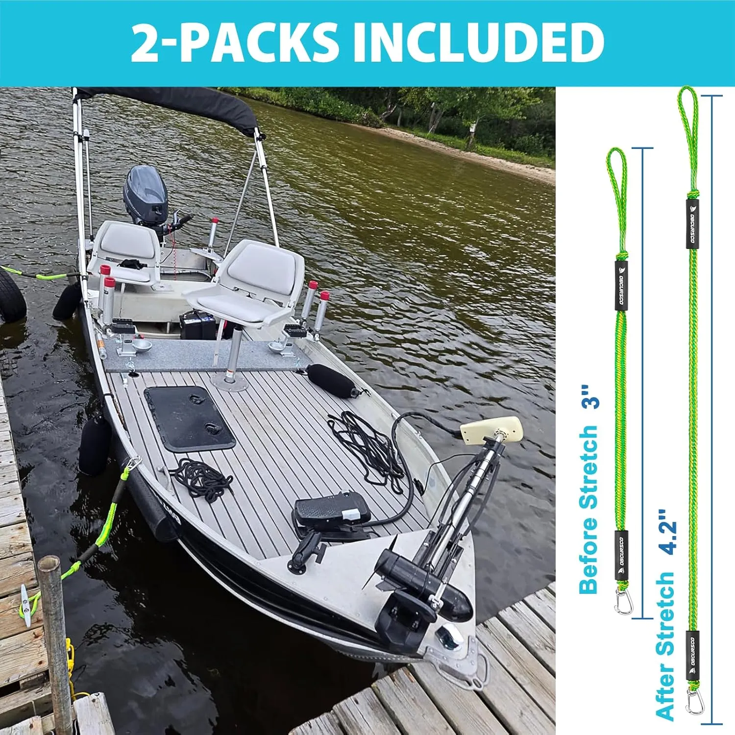 Obcursco 3FT Bungee Dock Lines,Boat Dock Rope,Jet Ski Accessories with 316 Stainless Steel Clip for Kayak,Seadoo,Pontoon,Yamaha WaveRunner,Canoe (2 Pack, Yellow/Green)