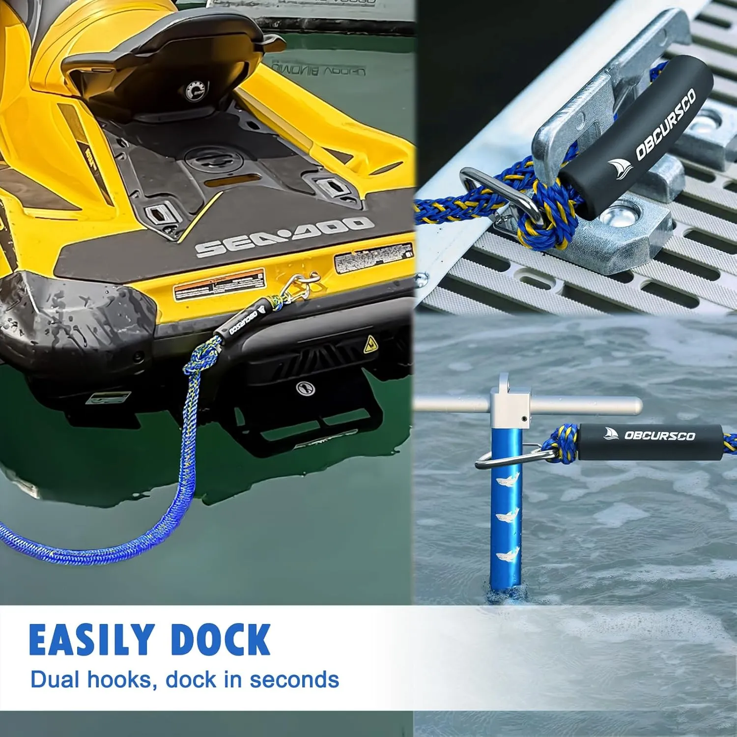 Obcursco Bungee Dock Line, Jet Ski Dock Line with Double 316 Stainless Steel Clips, Boat Snubber Docking Rope for PWC, Boat Accessories for Waverunner, Seadoo, Kayak, 2 Pack 5-7ft Yellow & Blue