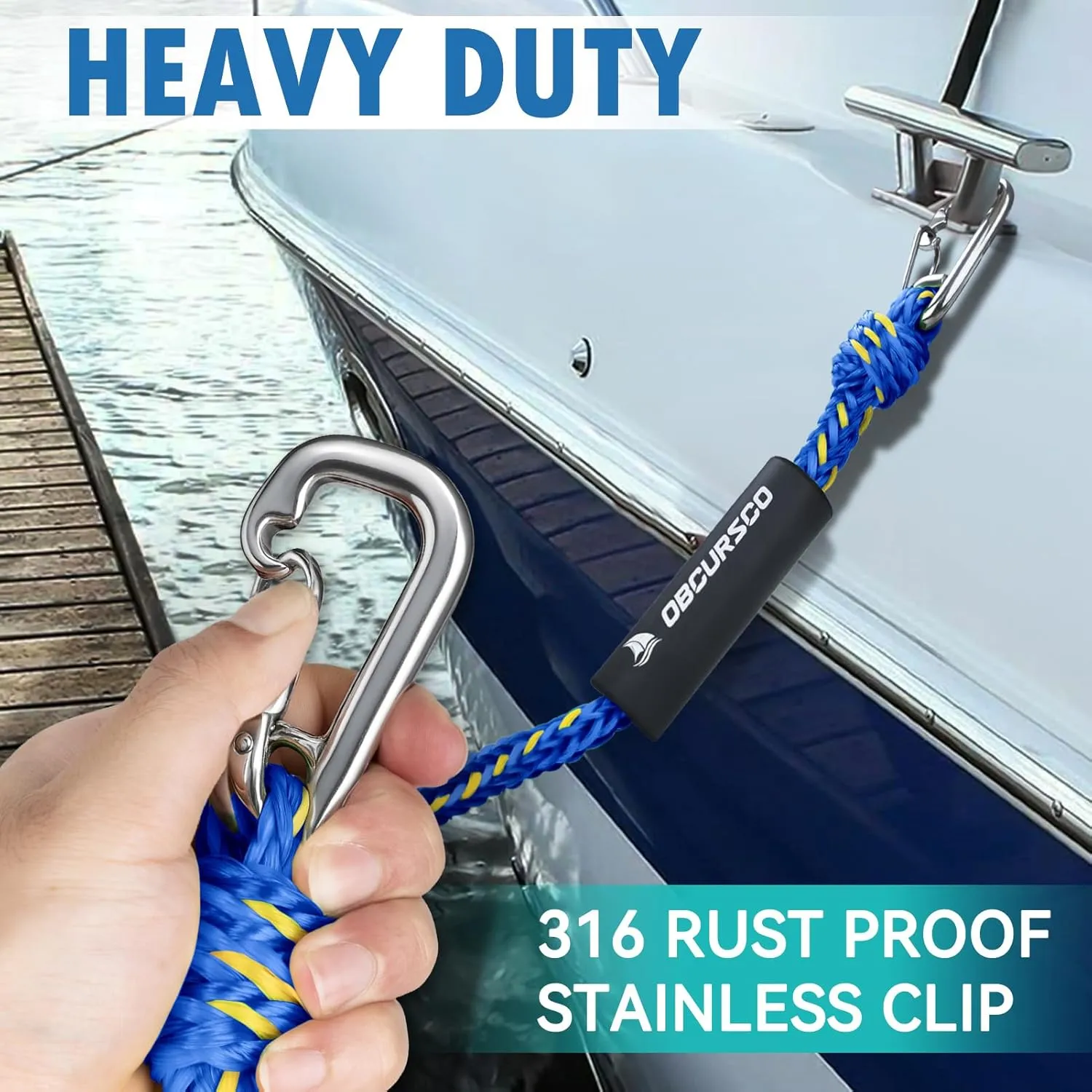 Obcursco Bungee Dock Line, Jet Ski Dock Line with Double 316 Stainless Steel Clips, Boat Snubber Docking Rope for PWC, Boat Accessories for Waverunner, Seadoo, Kayak, 2 Pack 5-7ft Yellow & Blue