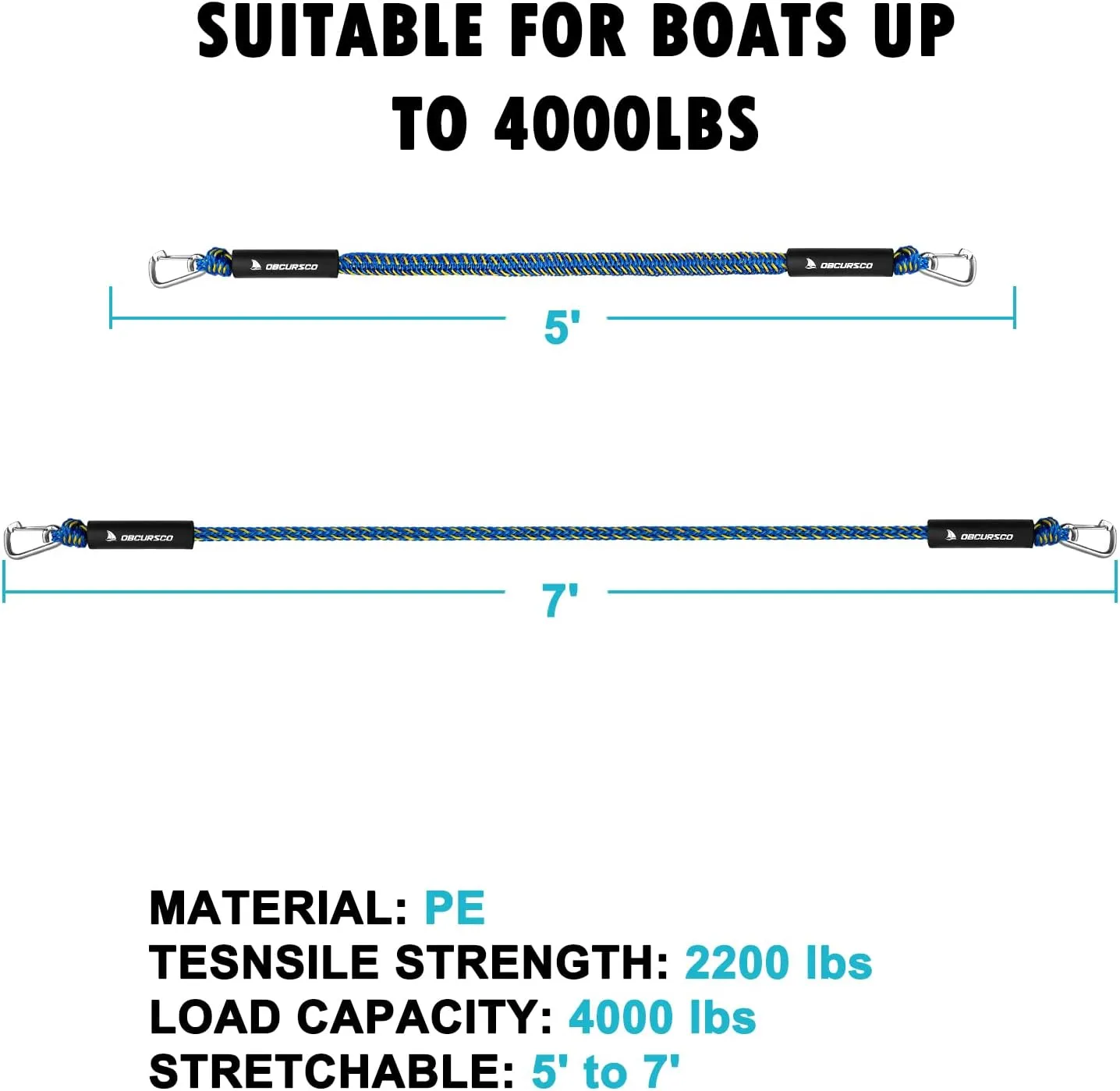 Obcursco Bungee Dock Line, Jet Ski Dock Line with Double 316 Stainless Steel Clips, Boat Snubber Docking Rope for PWC, Boat Accessories for Waverunner, Seadoo, Kayak, 2 Pack 5-7ft Yellow & Blue