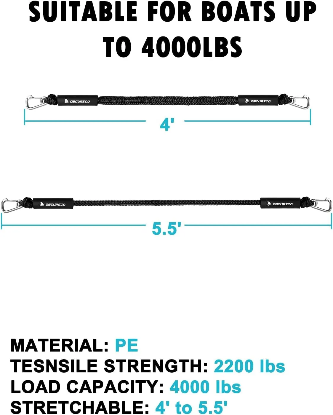 Obcursco Bungee Dock Line, Jet Ski Dock Line with Double 316 Stainless Steel Clips, Boat Snubber Docking Rope for PWC, Boat Accessories for Yamaha Waverunner, Seadoo, Kayak, 2 Pack 4-5.5ft Black