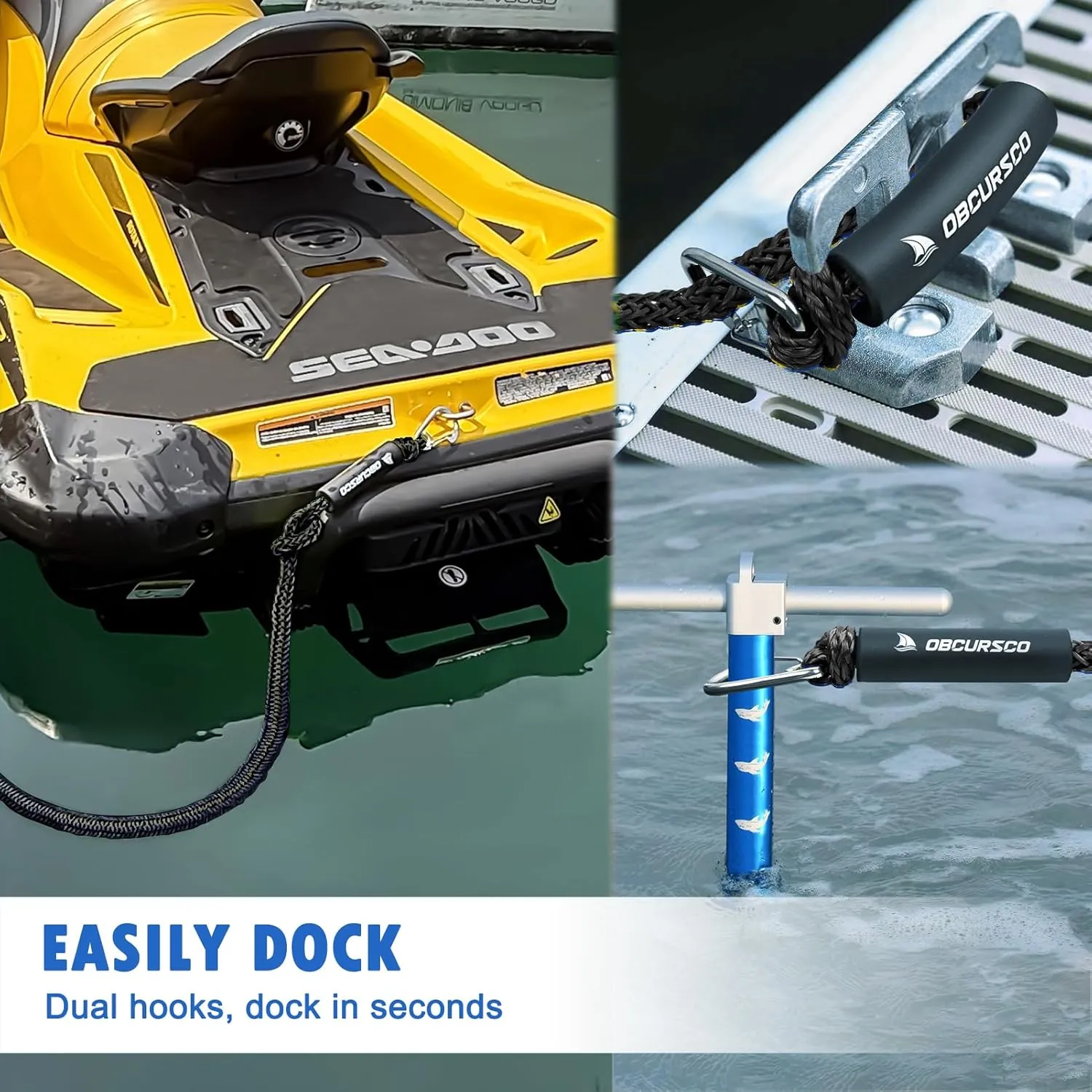 Obcursco Bungee Dock Line, Jet Ski Dock Line with Double 316 Stainless Steel Clips, Boat Snubber Docking Rope for PWC, Boat Accessories for Yamaha Waverunner, Seadoo, Kayak, 2 Pack 4-5.5ft Black