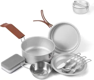 Odoland 10pcs Camping Cookware Lightweight Camping Pot and Pan Set with Plate Bowl Fork Knife Spoon for Backpacking, Hiking, Outdoor Cooking and Picnic