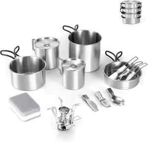 Odoland 13pcs Stainless Steel Camping Cookware Camping Pots and Pan Set with Portable Camping Stove Camping Mess Kit with Cups Forks Knives Spoons for Hiking Backpacking and Picnic