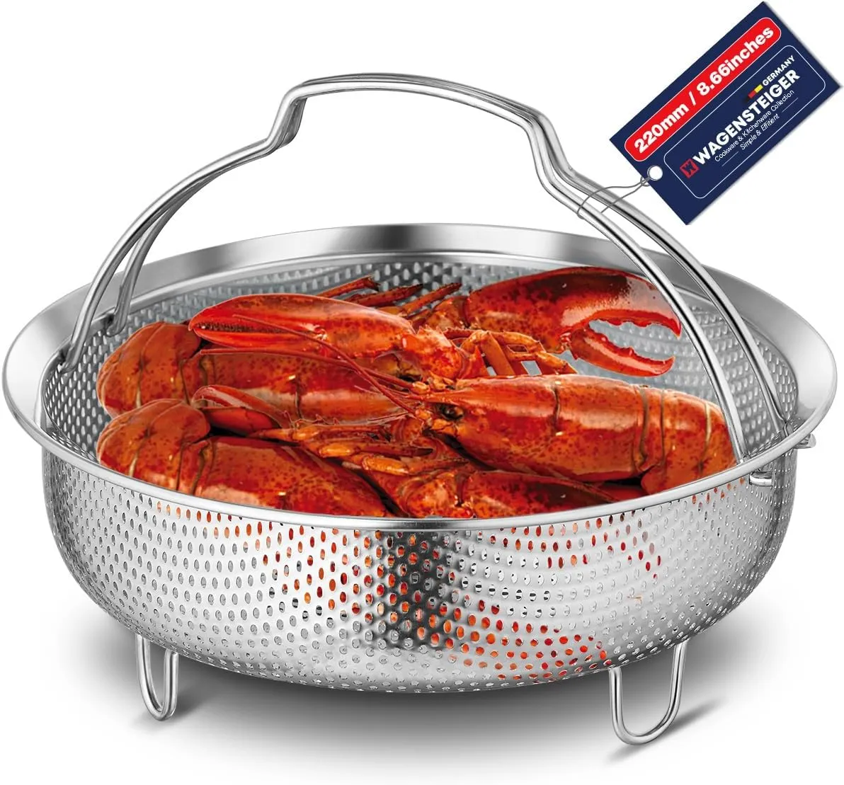 On-the-go Instant Steamer Basket with handles & Feet, Premium SUS304 Stainless Steel Construction, Multipurpose Perforated Strainer Colander Basket for Fruits & Vegetables (8.7" Diameter)