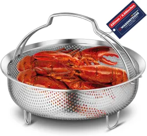 On-the-go Instant Steamer Basket with handles & Feet, Premium SUS304 Stainless Steel Construction, Multipurpose Perforated Strainer Colander Basket for Fruits & Vegetables (8.7" Diameter)