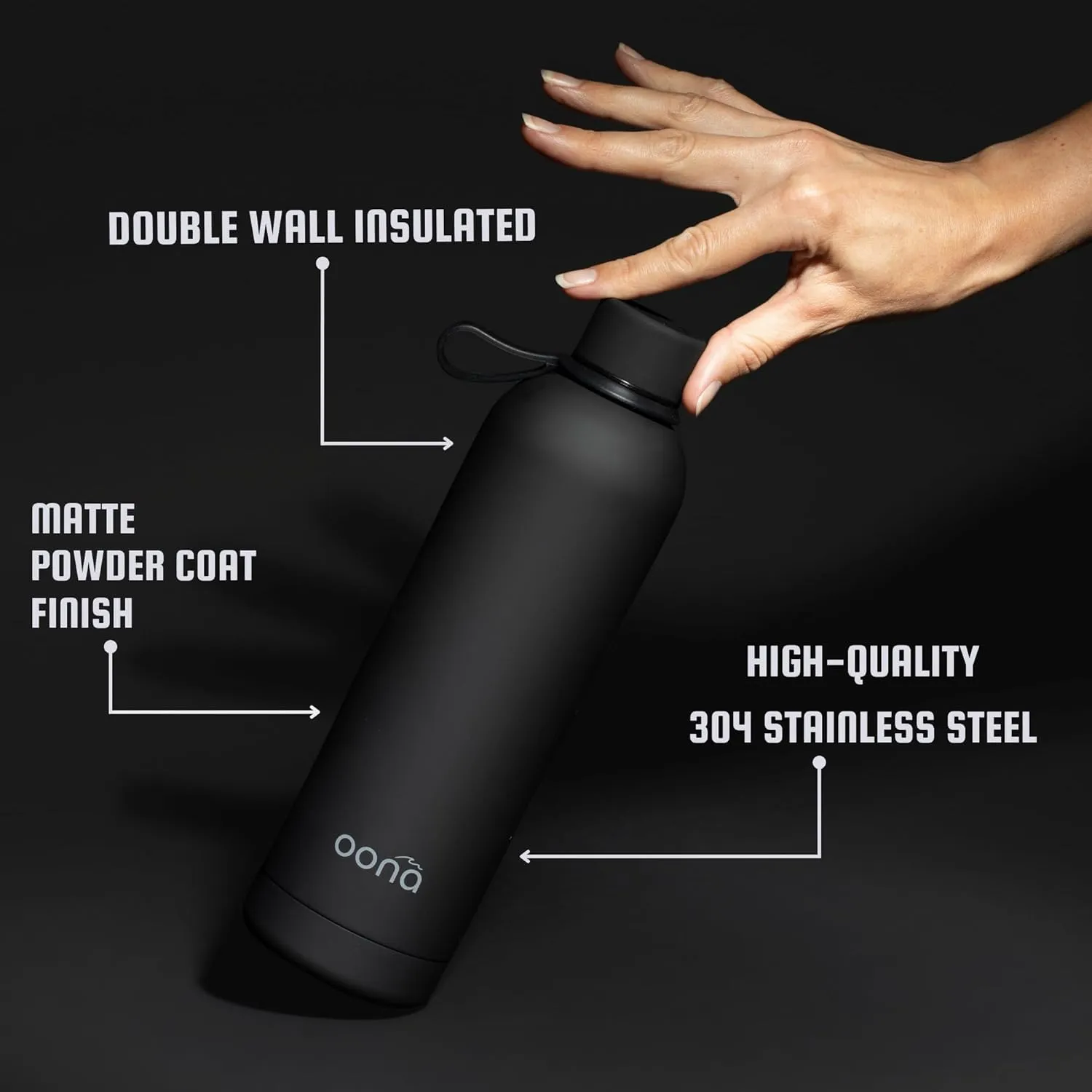 OONA Stainless Steel Water Bottle 25 oz, BPA-Free, Leak-Proof Insulated Water Bottle, Carrying Loop, Double Wall Vacuum Insulation, Keeps Drinks Hot or Cold for 12 Hours, Travel Friendly (Black)