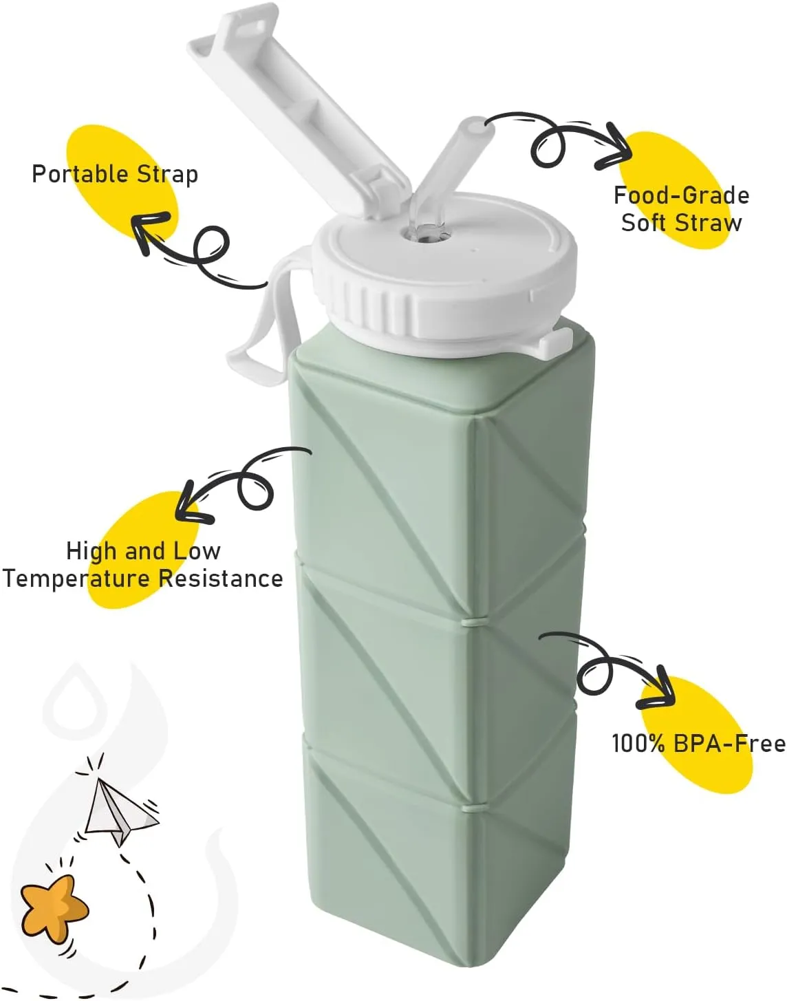 Opard Collapsible Water Bottles BPA Free Leak Proof Foldable Silicone Bottle with Anti-Collapse Ring for Travel Camping Hiking Running Sport