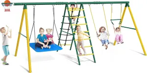 Osoeri Swing Sets for Backyard, 6-in-1 Toddler Outdoor Playset, Heavy Duty Metal Backyard Swing Sets with 2 Swings, Climbing Ladder and Nets,Trapeze Bar and Basketball Hoop (Green)