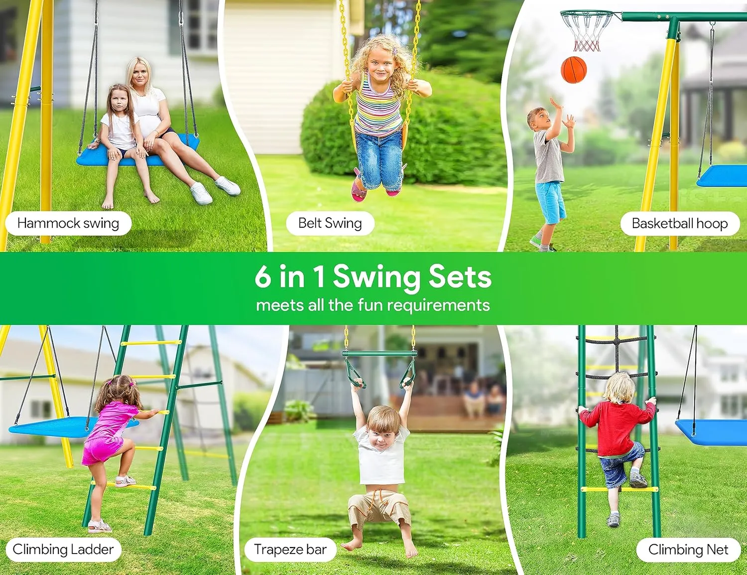 Osoeri Swing Sets for Backyard, 6-in-1 Toddler Outdoor Playset, Heavy Duty Metal Backyard Swing Sets with 2 Swings, Climbing Ladder and Nets,Trapeze Bar and Basketball Hoop (Green)