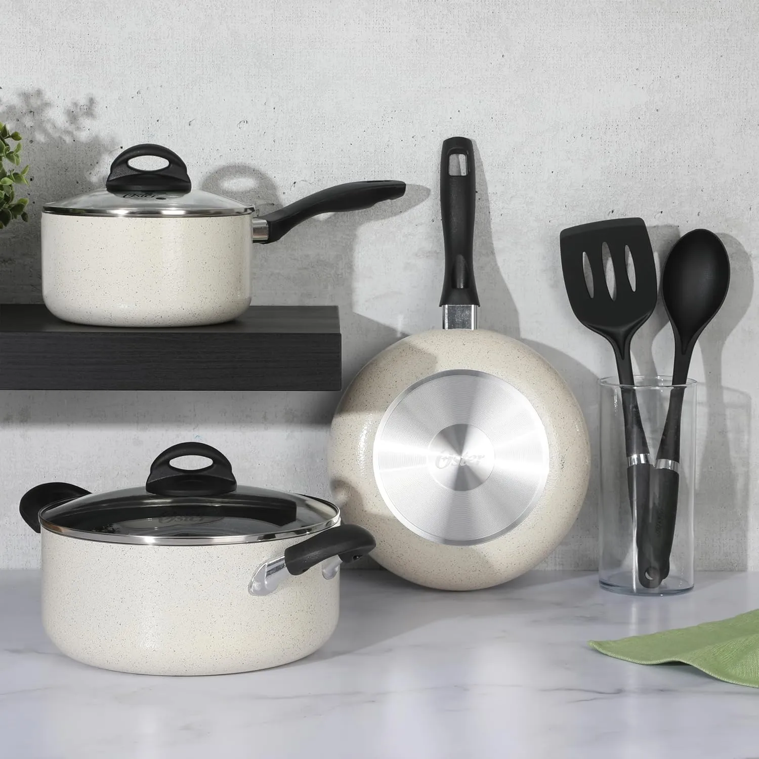 Oster Clairborne 7 Piece Aluminum Premium Nonstick Pots and Pans Cookware Set W/Induction & Bakelite Stay Cool Handle - White W/Speckle