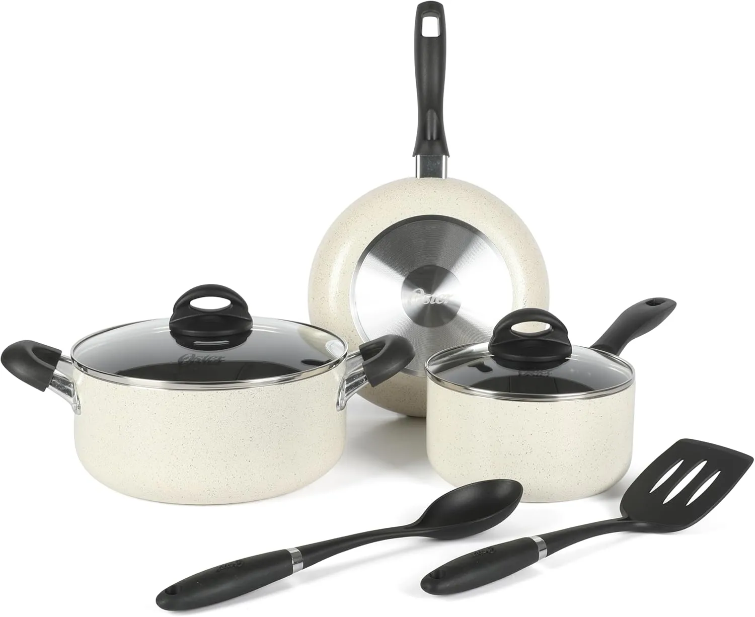 Oster Clairborne 7 Piece Aluminum Premium Nonstick Pots and Pans Cookware Set W/Induction & Bakelite Stay Cool Handle - White W/Speckle