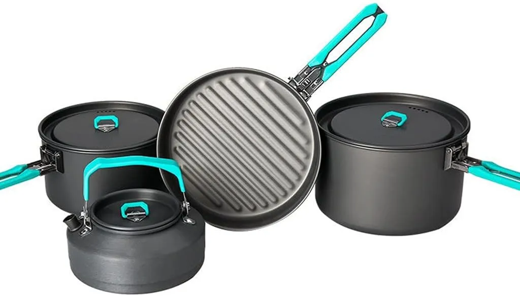 Outdoor Camping Tableware Set Backpacking Picnic 2 Pot 1 Frypan 1 Kettle Alumina Durable Cookware Folding Cooking Set