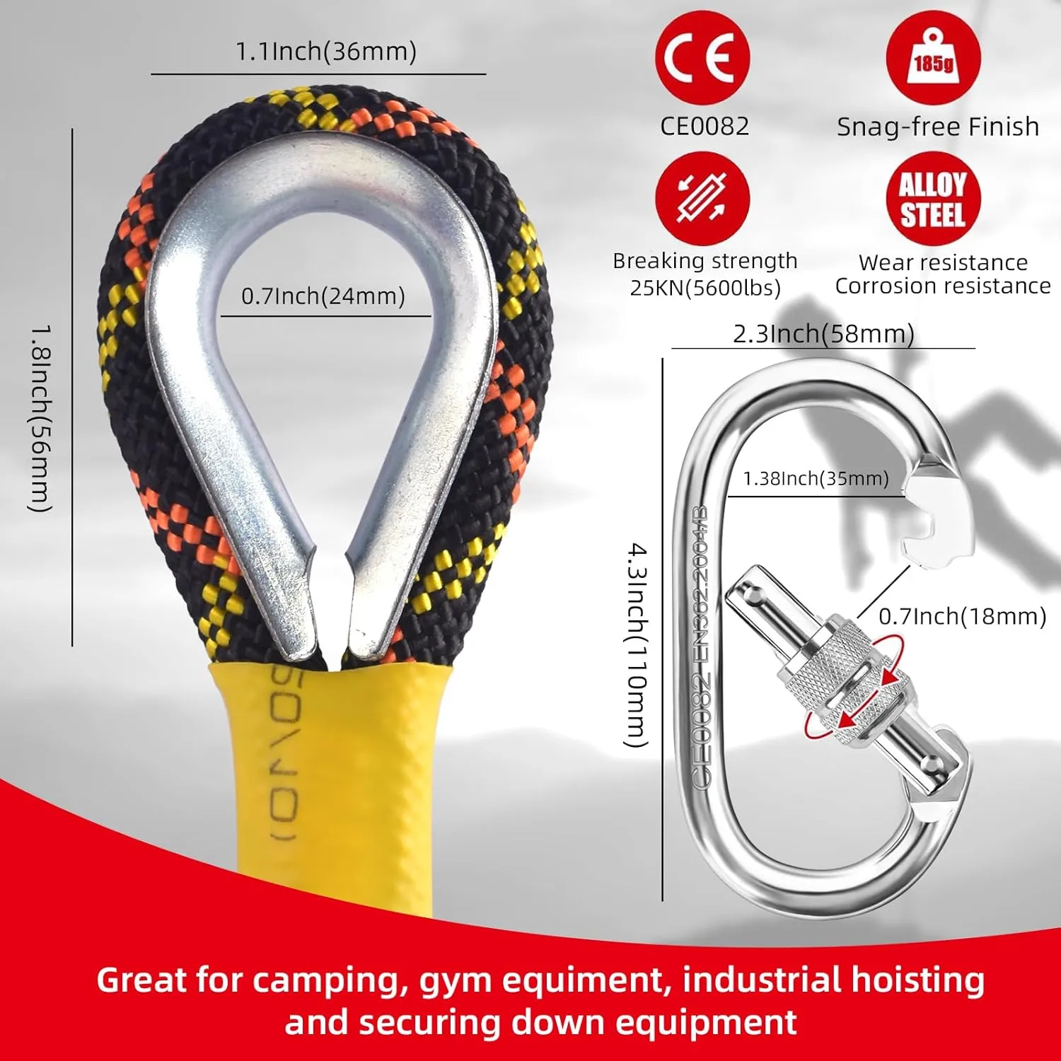 Outdoor Climbing Rope 8MM/12MM 6 Colors 1M(3.2ft)-70M(230ft), Static Rock Climbing Rope with 2 Steel Hooks, Rappelling Rope for Outdoor, Hiking Safety Escape Rope, Rescue Parachute (Black, 12mm-30m)
