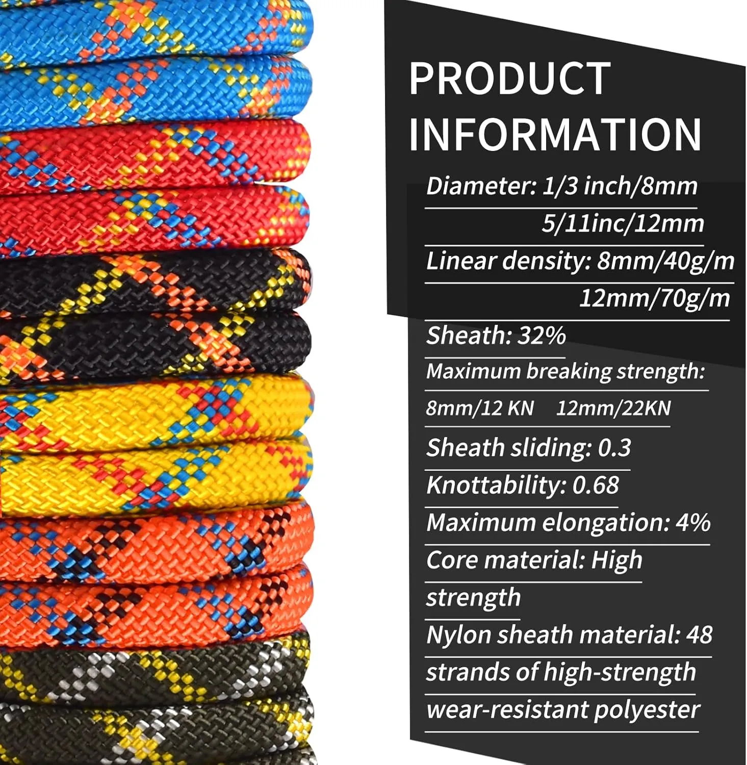 Outdoor Climbing Rope 8MM/12MM 6 Colors 1M(3.2ft)-70M(230ft), Static Rock Climbing Rope with 2 Steel Hooks, Rappelling Rope for Outdoor, Hiking Safety Escape Rope, Rescue Parachute (Black, 12mm-30m)