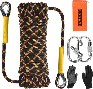 Outdoor Climbing Rope 8MM/12MM 6 Colors 1M(3.2ft)-70M(230ft), Static Rock Climbing Rope with 2 Steel Hooks, Rappelling Rope for Outdoor, Hiking Safety Escape Rope, Rescue Parachute (Black, 12mm-30m)