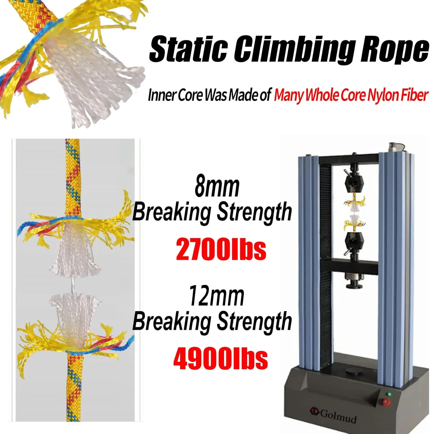 Outdoor Climbing Rope 8MM/12MM 6 Colors 1M(3.2ft)-70M(230ft), Static Rock Climbing Rope with 2 Steel Hooks, Rappelling Rope for Outdoor, Hiking Safety Escape Rope, Rescue Parachute (Yellow, 8mm-10m)