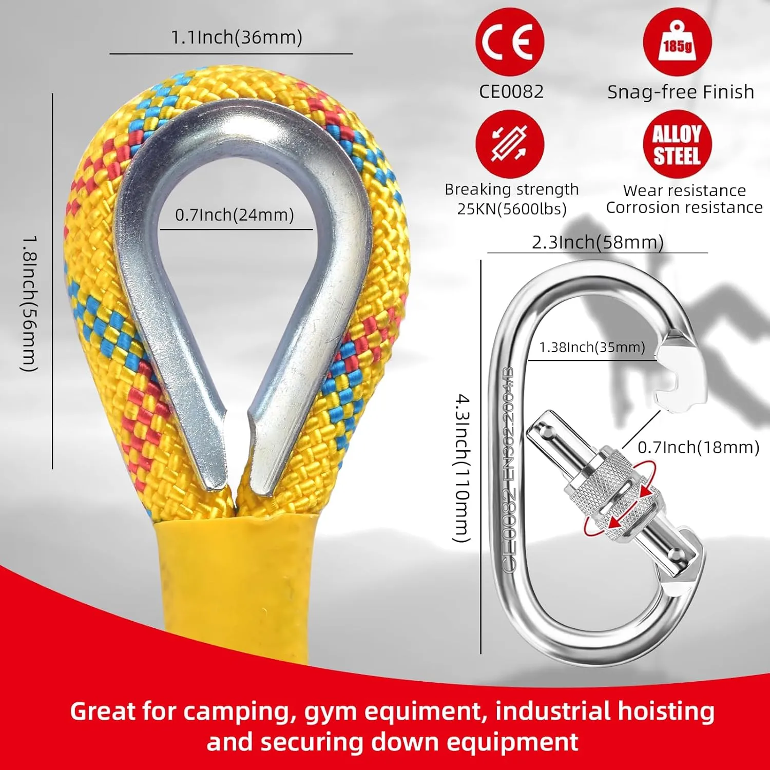 Outdoor Climbing Rope 8MM/12MM 6 Colors 1M(3.2ft)-70M(230ft), Static Rock Climbing Rope with 2 Steel Hooks, Rappelling Rope for Outdoor, Hiking Safety Escape Rope, Rescue Parachute (Yellow, 8mm-10m)