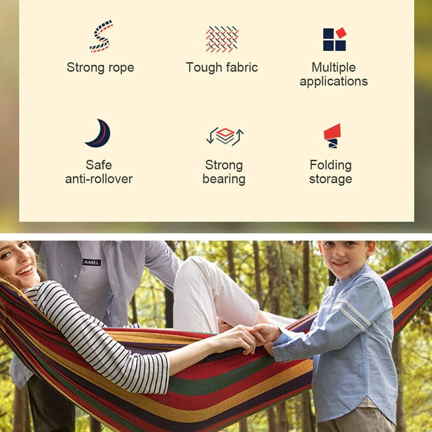 Outdoor Double Hammock Bed ,Swinging Camping Hanging Tree Strap Hook (Red Hammock)