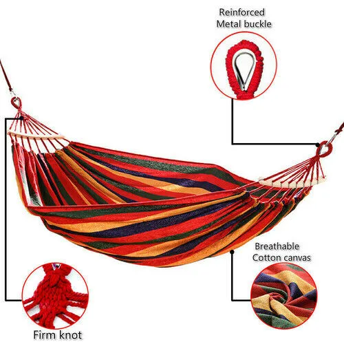Outdoor Double Hammock Bed ,Swinging Camping Hanging Tree Strap Hook (Red Hammock)