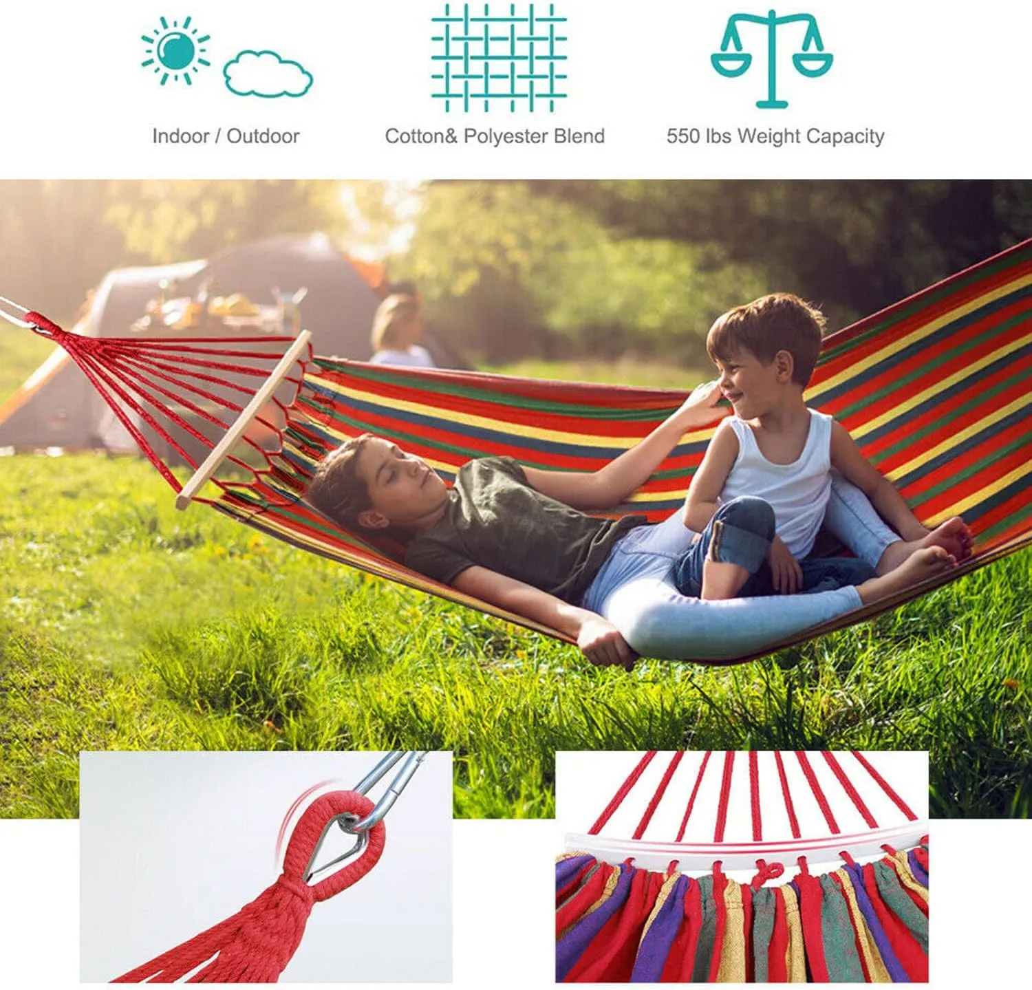 Outdoor Double Hammock Bed ,Swinging Camping Hanging Tree Strap Hook (Red Hammock)