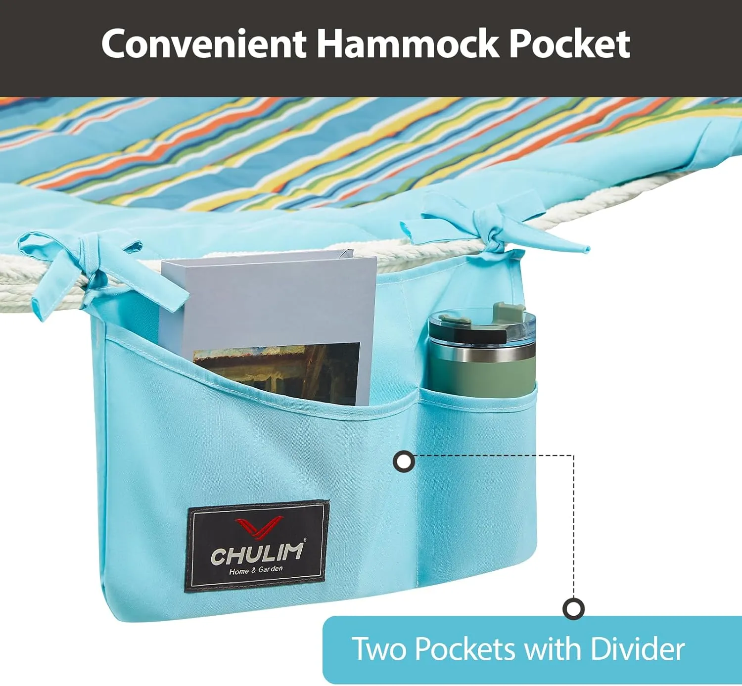 Outdoor Double Hammock with Hardwood Spreader Bars, Cotton Rope Hammock with Polyester Pad and Pillow, 475 LBS Capacity 2 Person Hammock, Large Hammock for Patio Backyard Poolside - Bule Stripe
