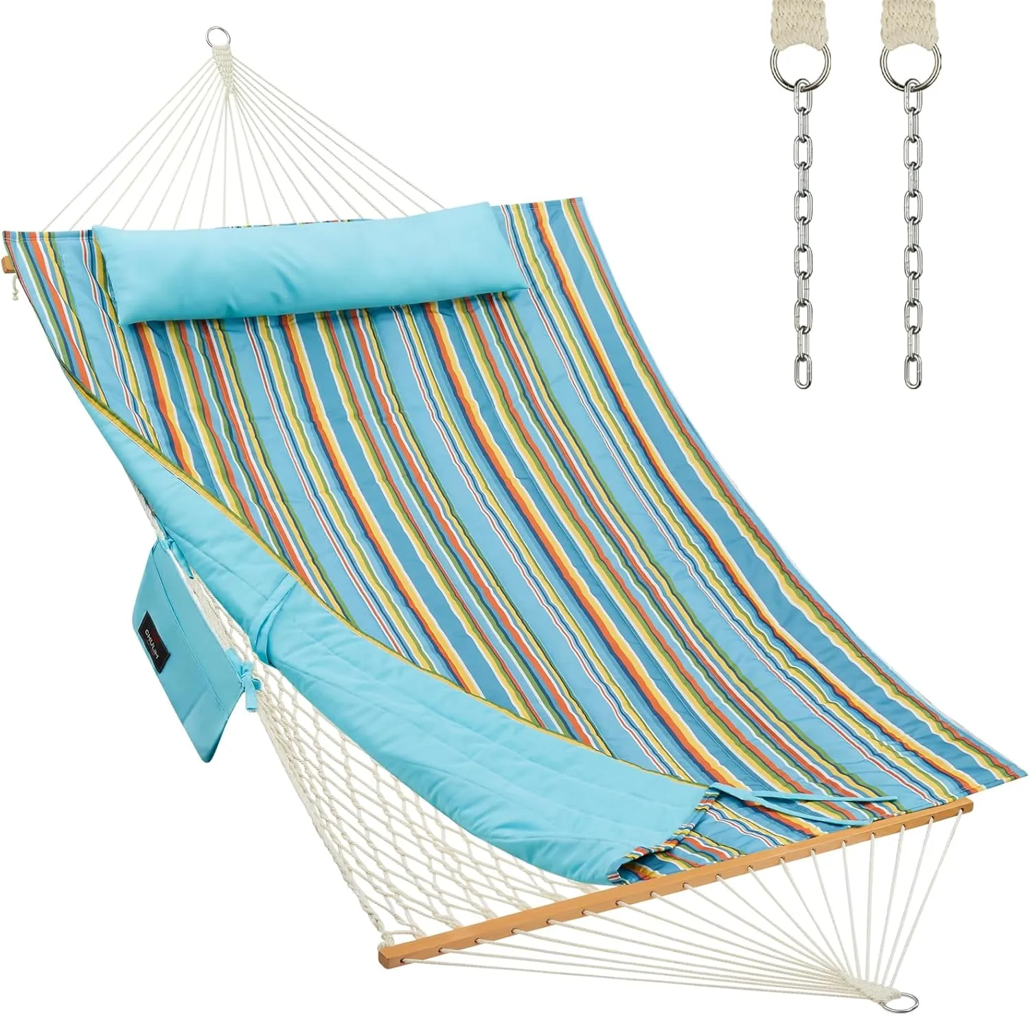 Outdoor Double Hammock with Hardwood Spreader Bars, Cotton Rope Hammock with Polyester Pad and Pillow, 475 LBS Capacity 2 Person Hammock, Large Hammock for Patio Backyard Poolside - Bule Stripe