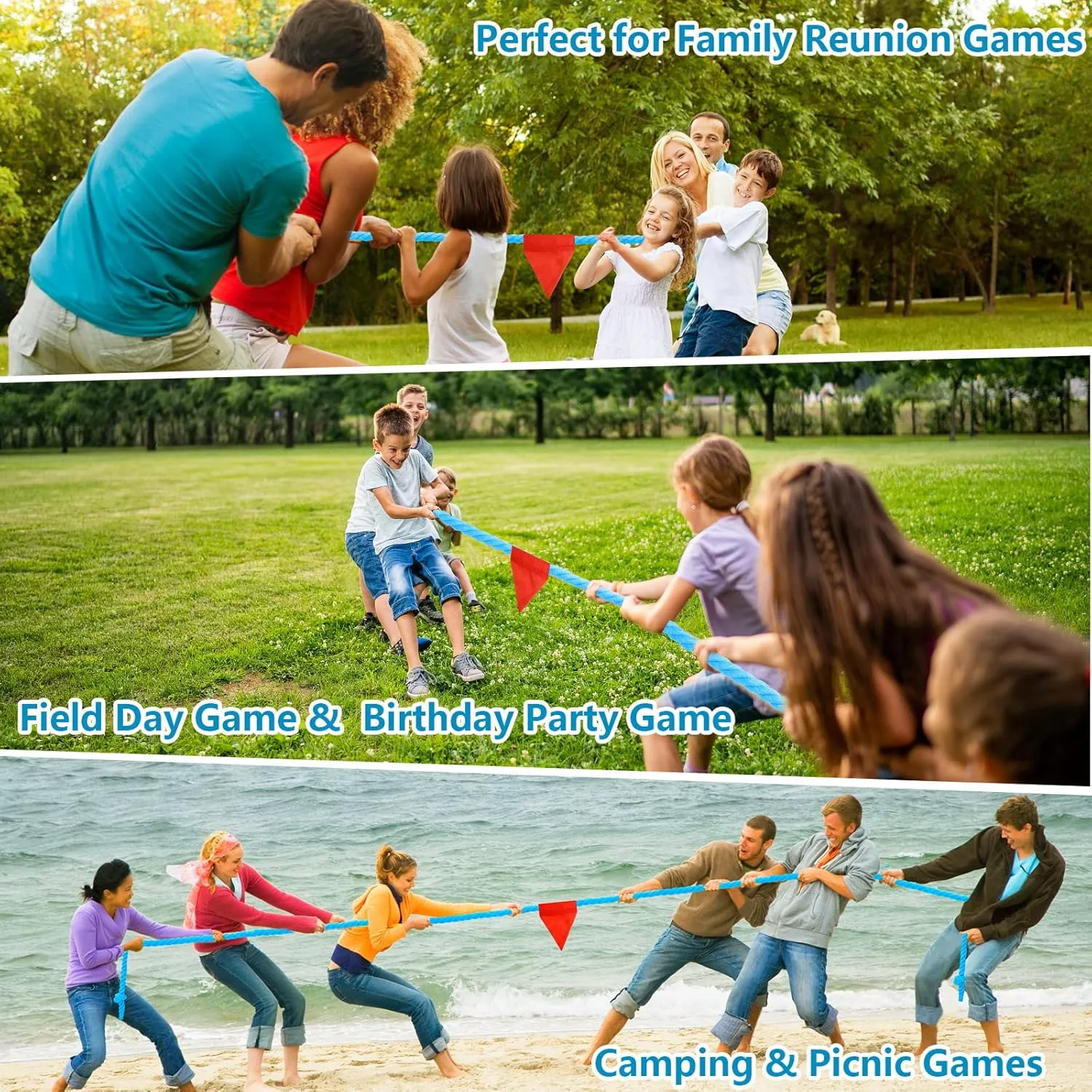 Outdoor Games 60ft Tug of War Rope for Kids Adult, Field Day Family Reunion Outside Yard Backyard Lawn Carnival Camping Picnic Games for Team Building, Blue