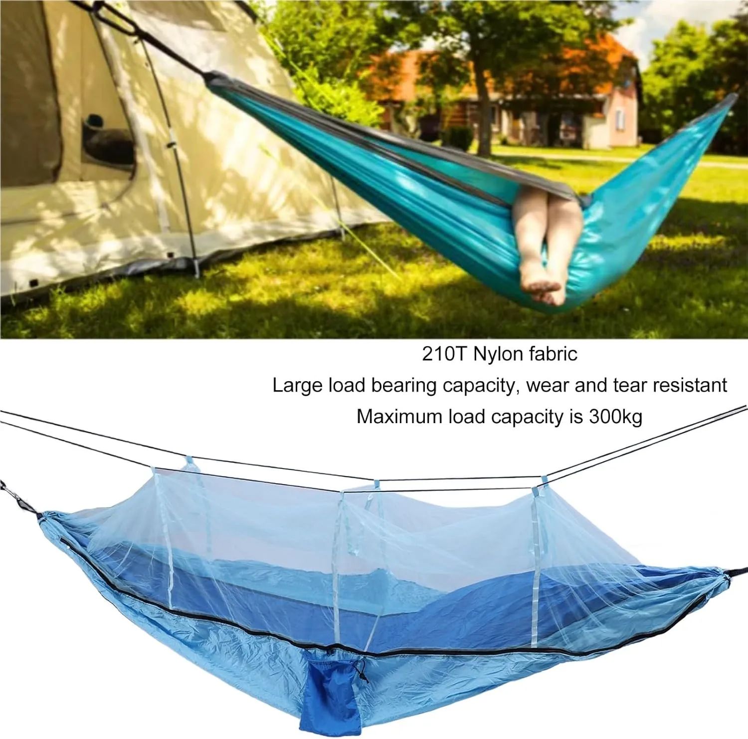 Outdoor Hammock 661lb Load Bearing Lightweight Portable Hammock with Net, Safe Carabiners, Breathable Mesh, Tear Nylon for Courtyard Camping Picnic (Royal Blue with Light Blue (Light Blue Net))