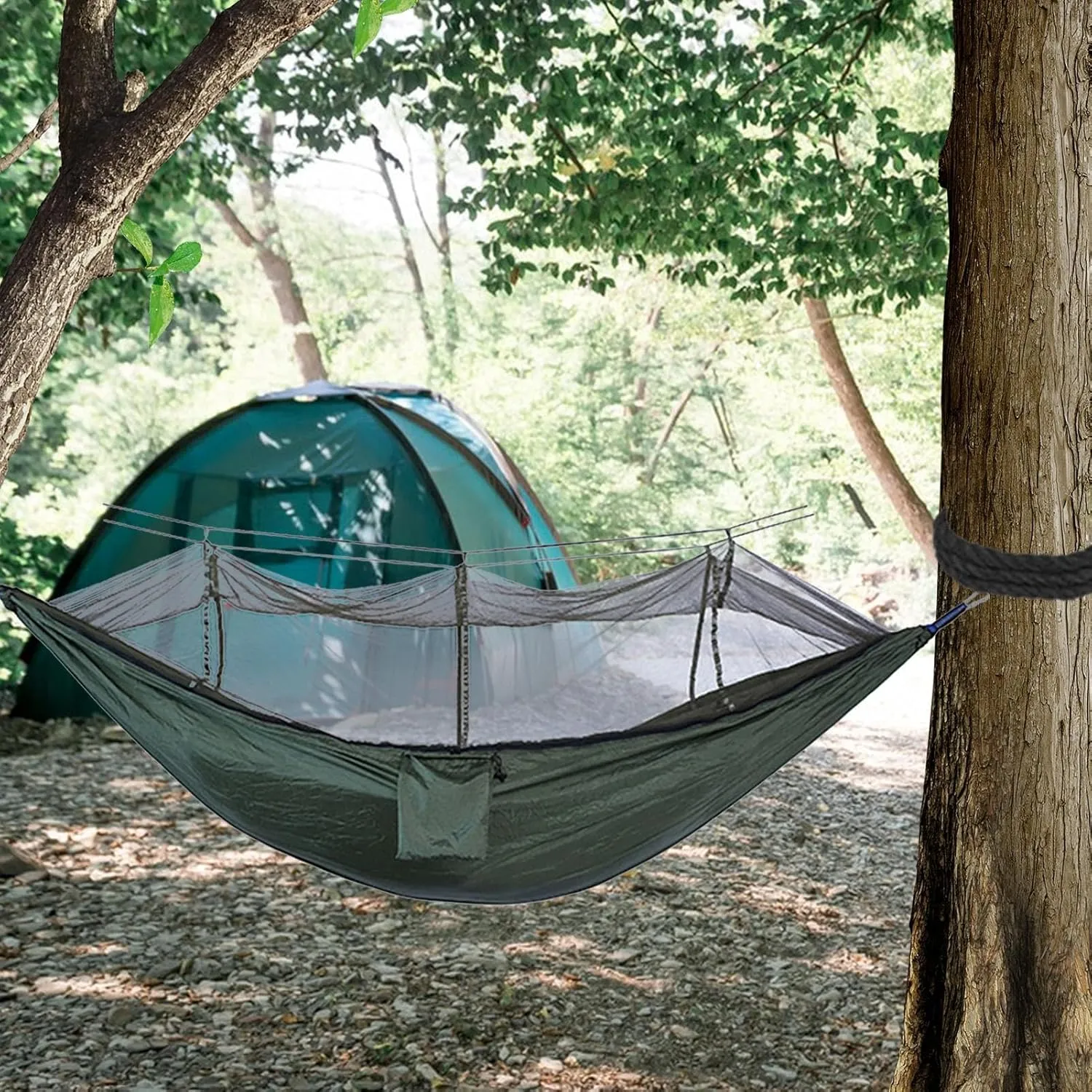 Outdoor Hammock with MosquitoNet, Lightweight Portable Hammock, 600 lbs Weight-Bearing, Breathable Ultra-Light Parachute Nylon Camping Travel Hammock, Dark Army Green, VT5HK596A8A63VUG3