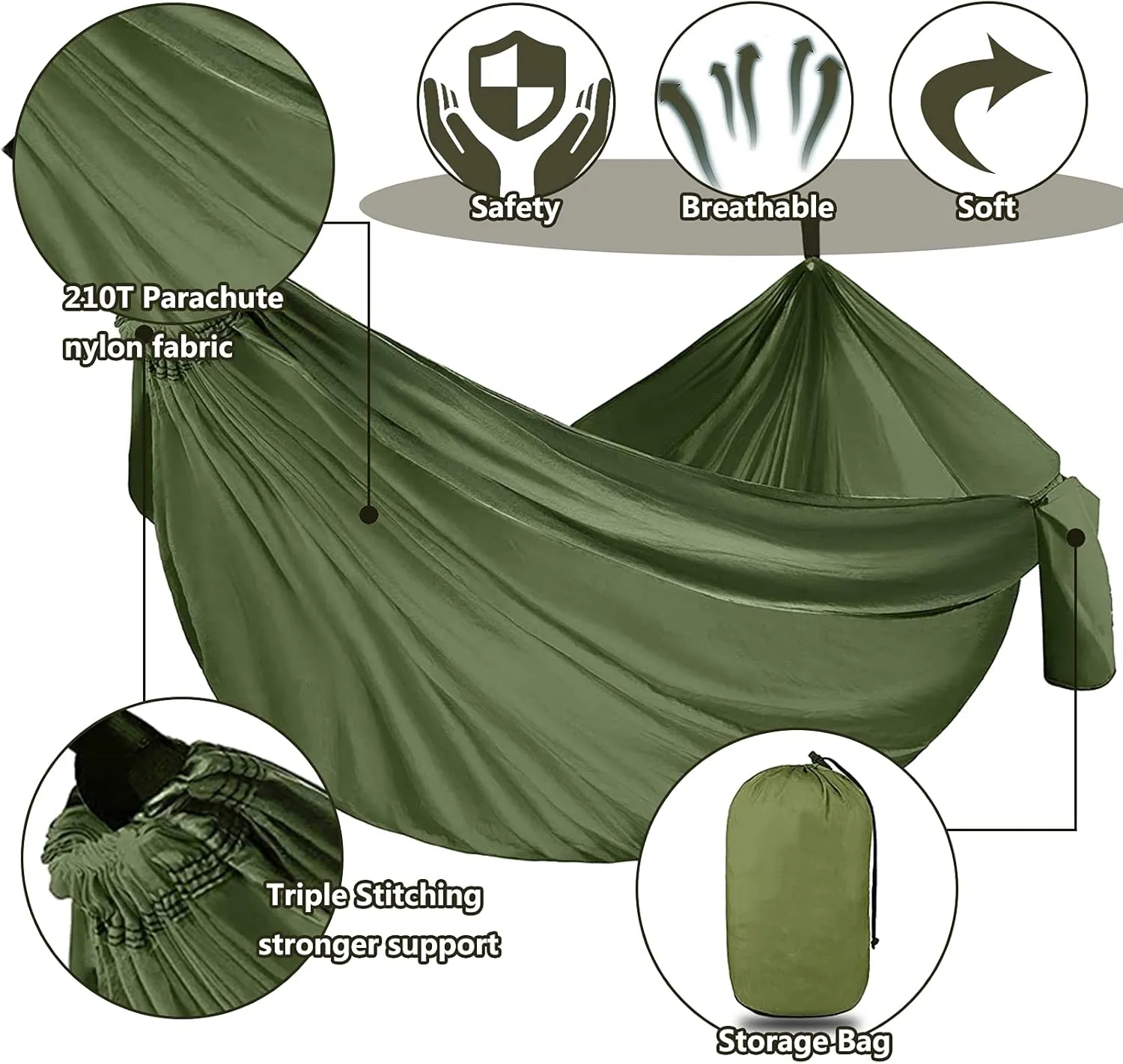 Outdoor Travel Hammock, Portable Camping Hammock, Double Hammock 200kg Load Capacity for Camping Hiking Backpacking,Dark Green