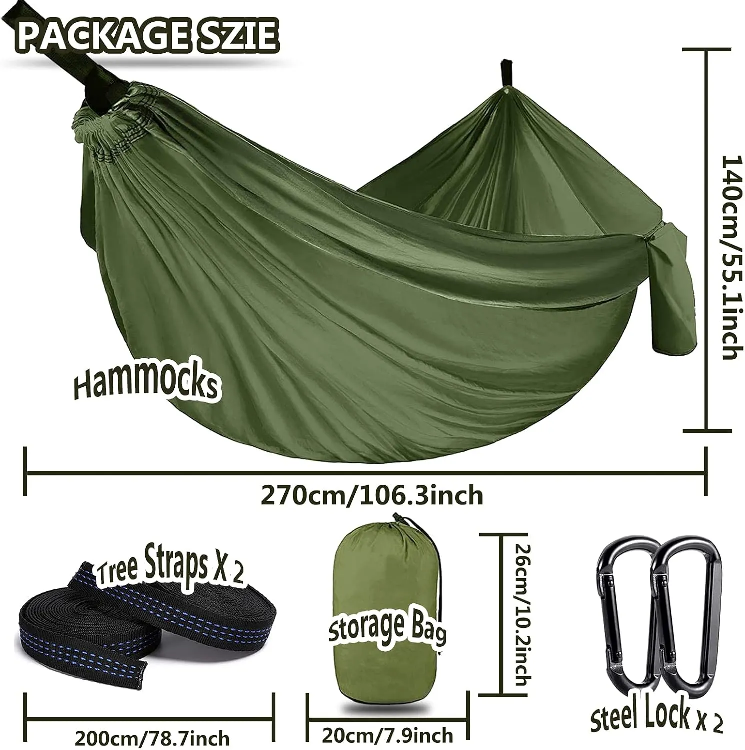 Outdoor Travel Hammock, Portable Camping Hammock, Double Hammock 200kg Load Capacity for Camping Hiking Backpacking,Dark Green