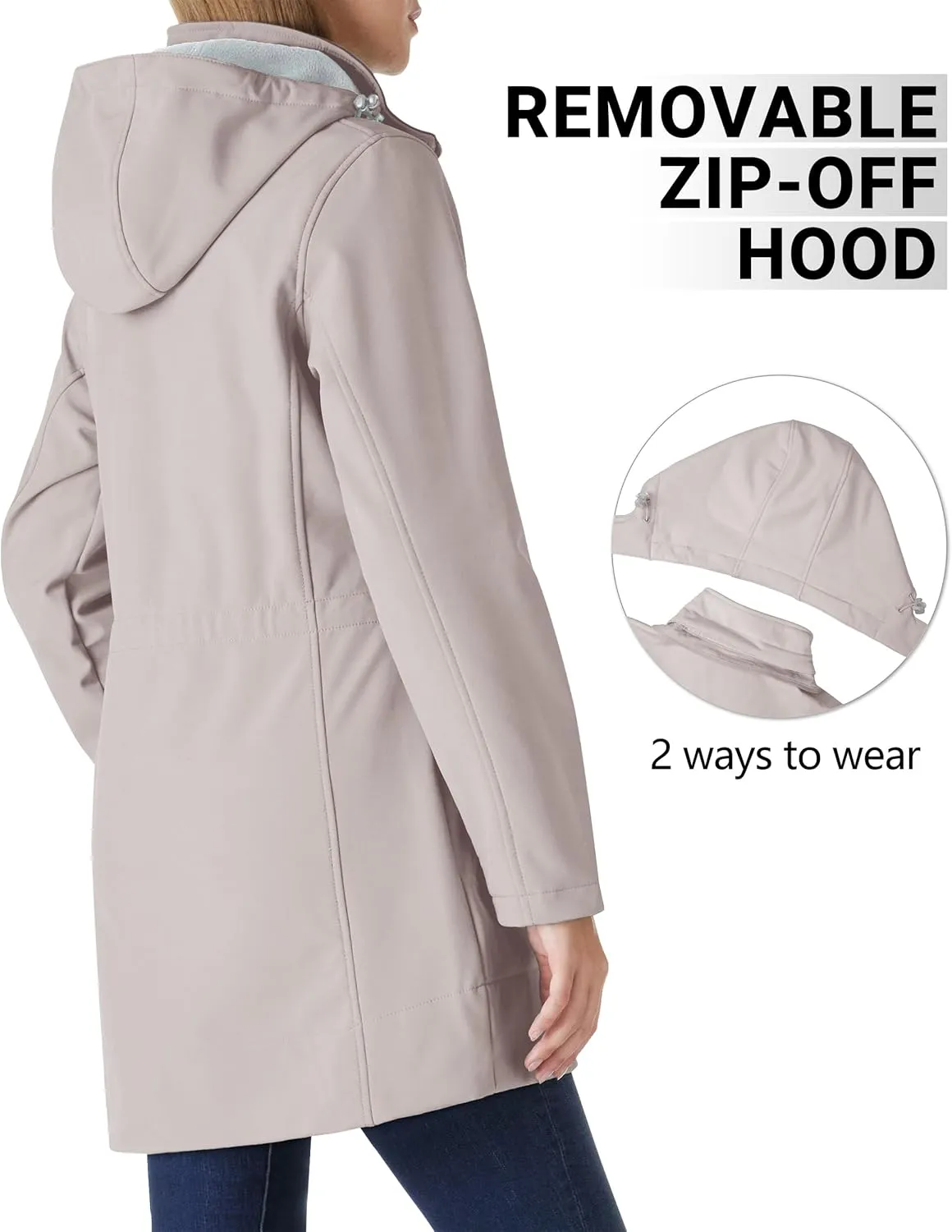 Outdoor Ventures Women's Softshell Jacket with Removable Hood Fleece Lined Windbreaker Insulated Long Warm Rain Jacket